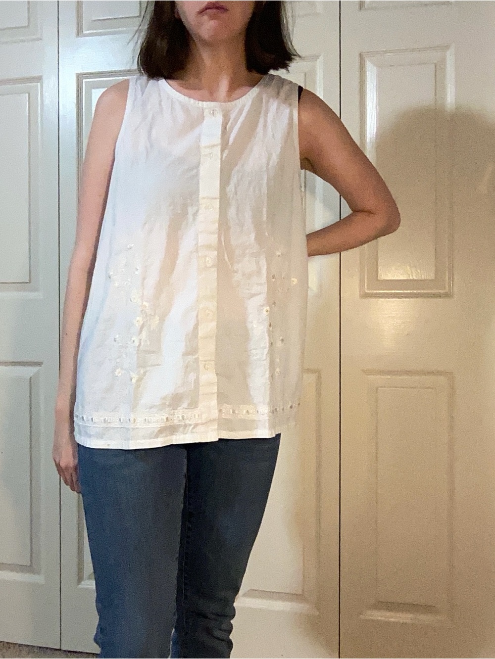 White Embroidered Button Down Sleeveless Cotton Top By Delicates